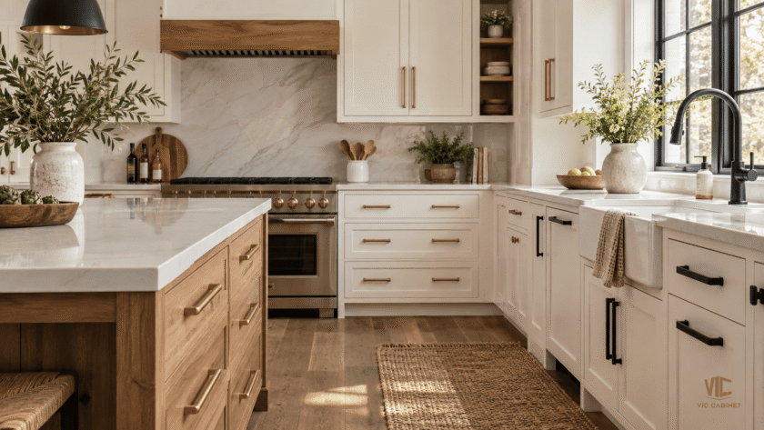 Cabinet handles in brushed brass and matte black on modern Shaker kitchen cabinets