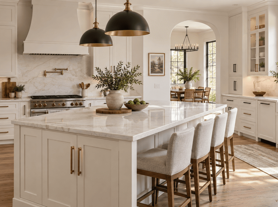 Cabinet pulls on Shaker kitchen cabinets with modern brushed brass and matte black finishes