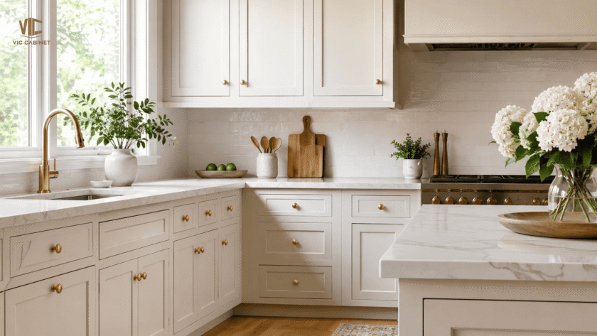 Cabinet knobs on white Shaker kitchen cabinets with brass hardware