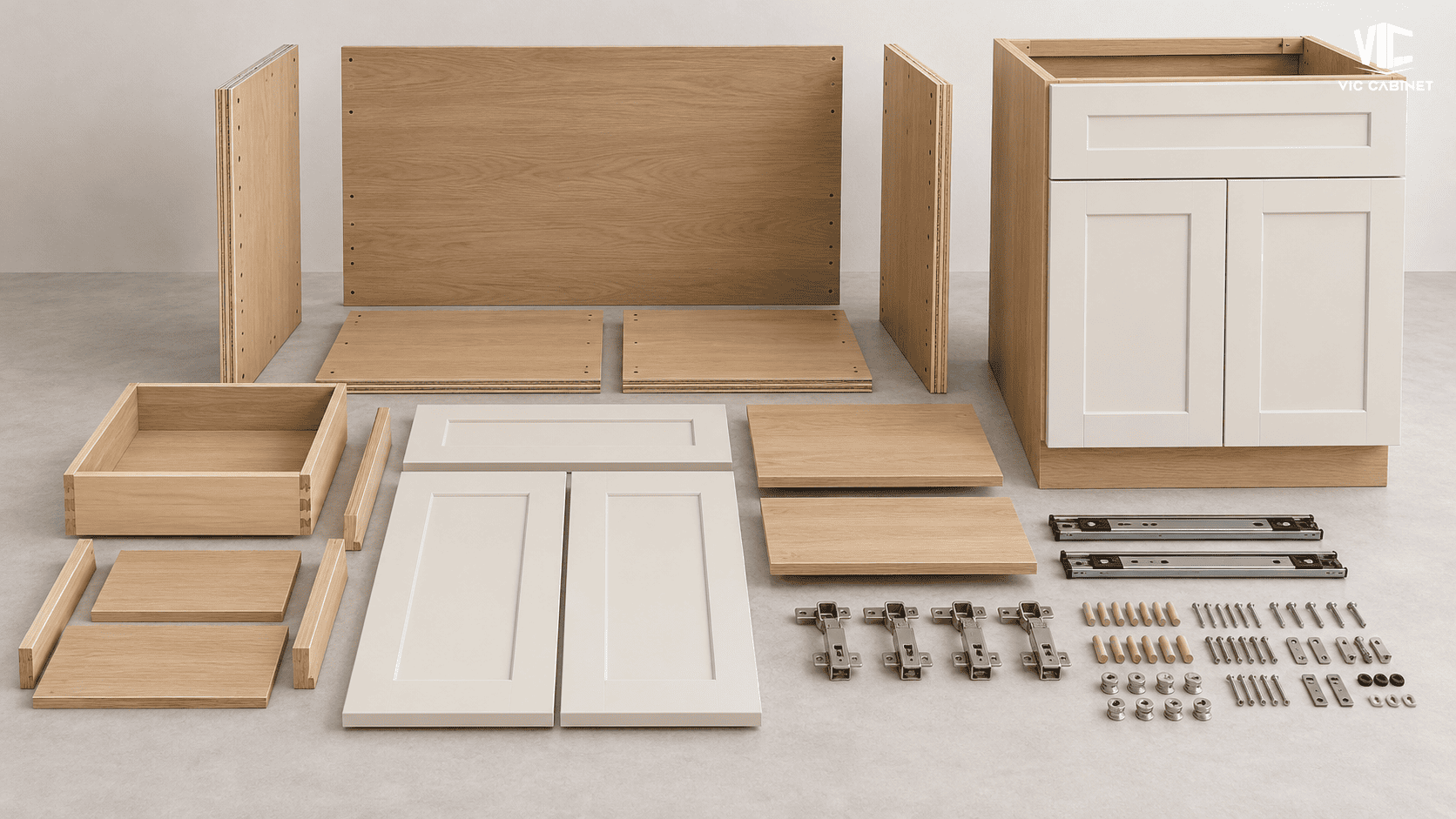 Ready-to-assemble wood cabinet components and hardware