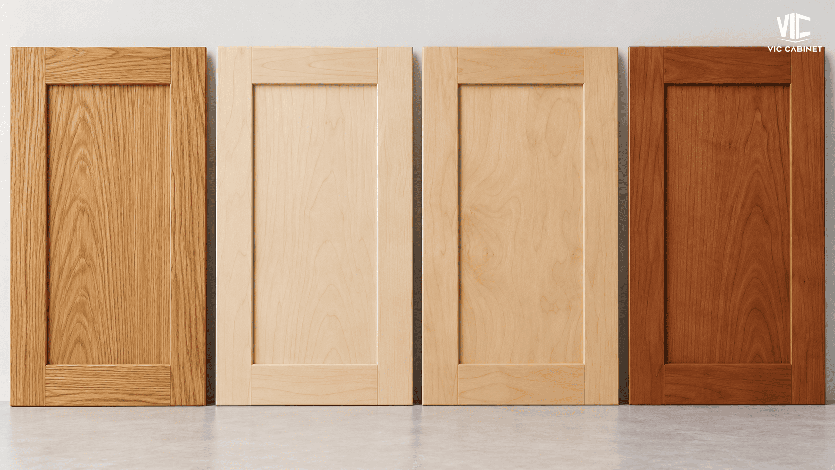 Hardwood RTA cabinet door samples in oak, maple, birch and cherry