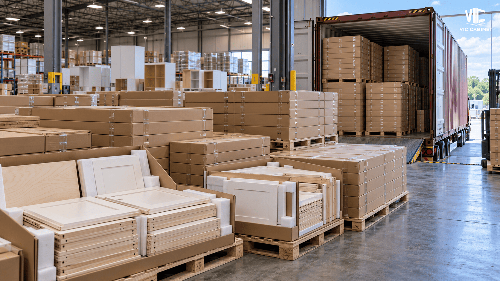 Flat-pack RTA wood cabinets prepared for container shipping
