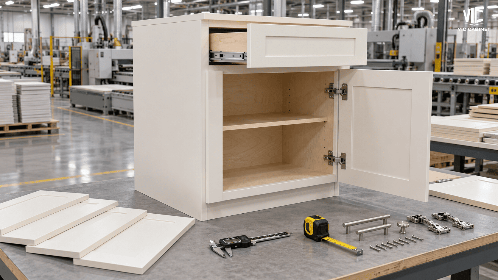 RTA wood cabinet quality inspection with finish samples and hardware