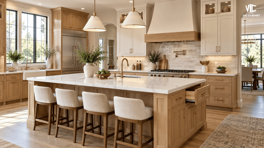 RTA wood cabinets featuring natural oak and white Shaker kitchen cabinets