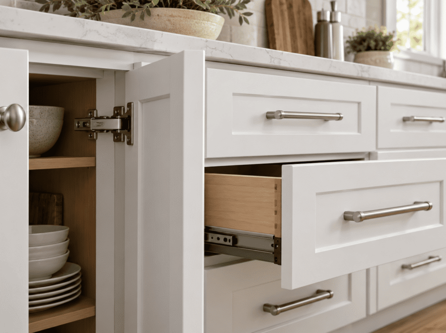 Kitchen cabinet hardware with knobs and pulls on Shaker cabinets