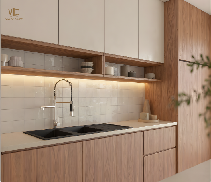 contemporary kitchen cabinets with wood finish in minimalist modern design by VIC Cabinet